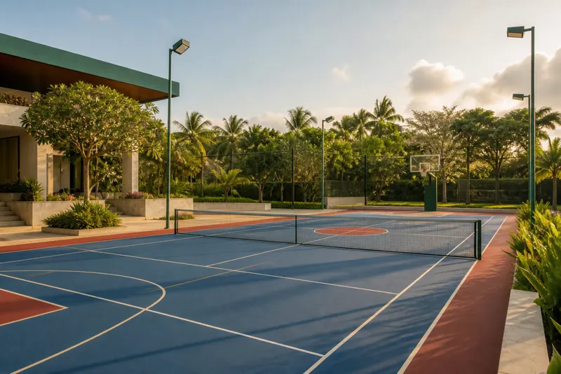 Multipurpose outdoor sports court surrounded by greenery