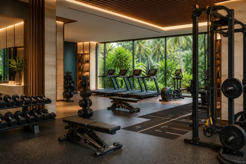 Executive gym with free weights and cardio equipment