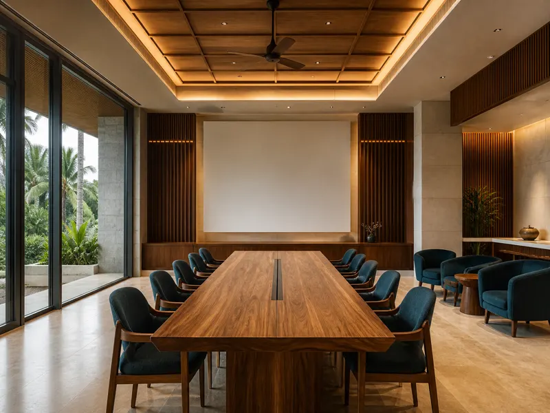 Private conference hall with modern seating and warm wood finishes